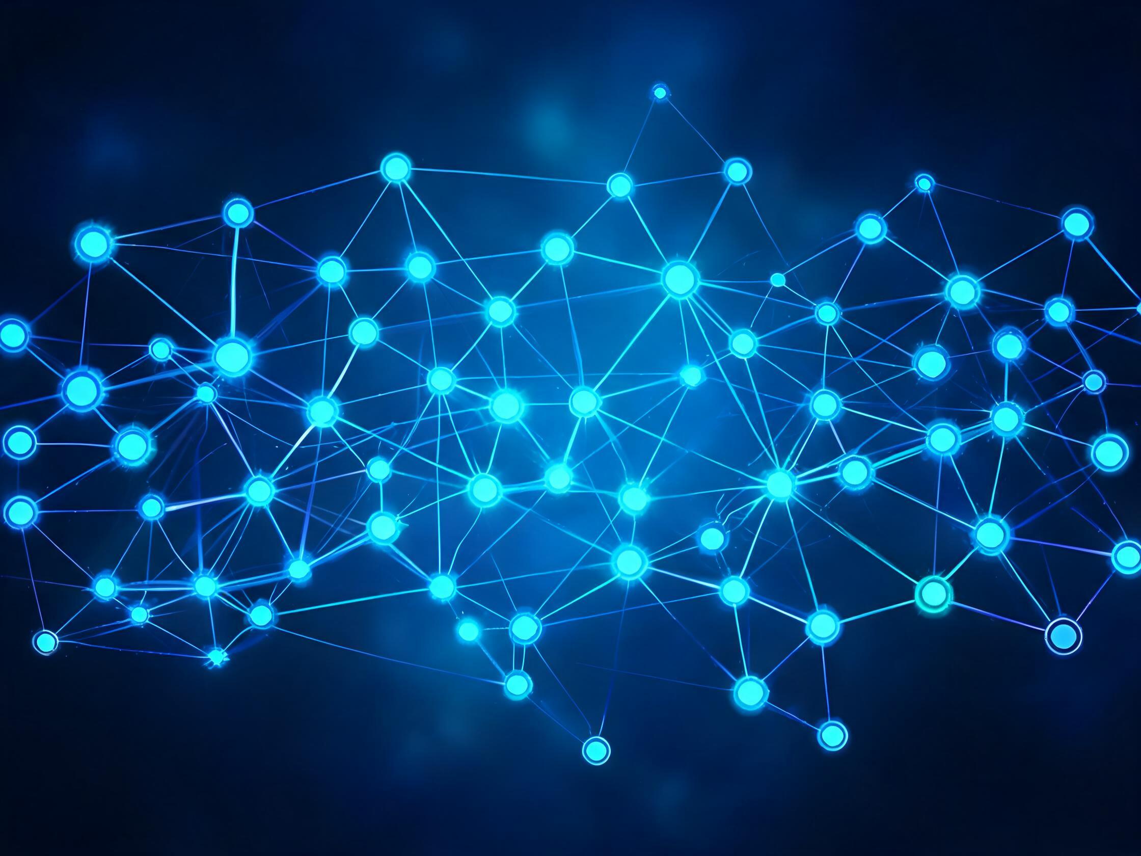 生成式 AI 神经网络可视化，蓝青色光点连接